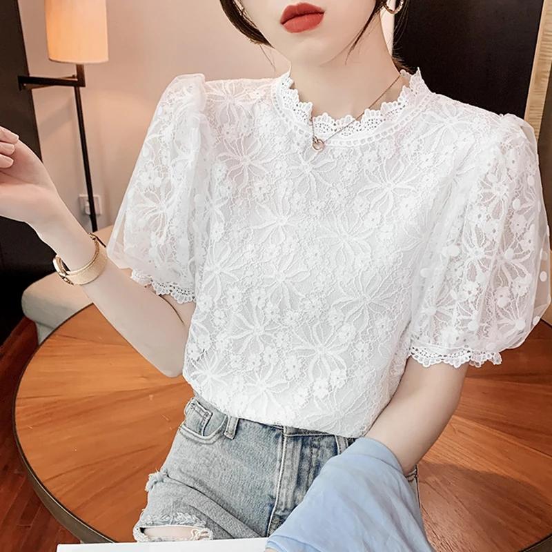 Women White Lace Blouses Summer Hollow Out Black Casual Korean Style Elegant Puff Sleeve Tops Vintage Shirt