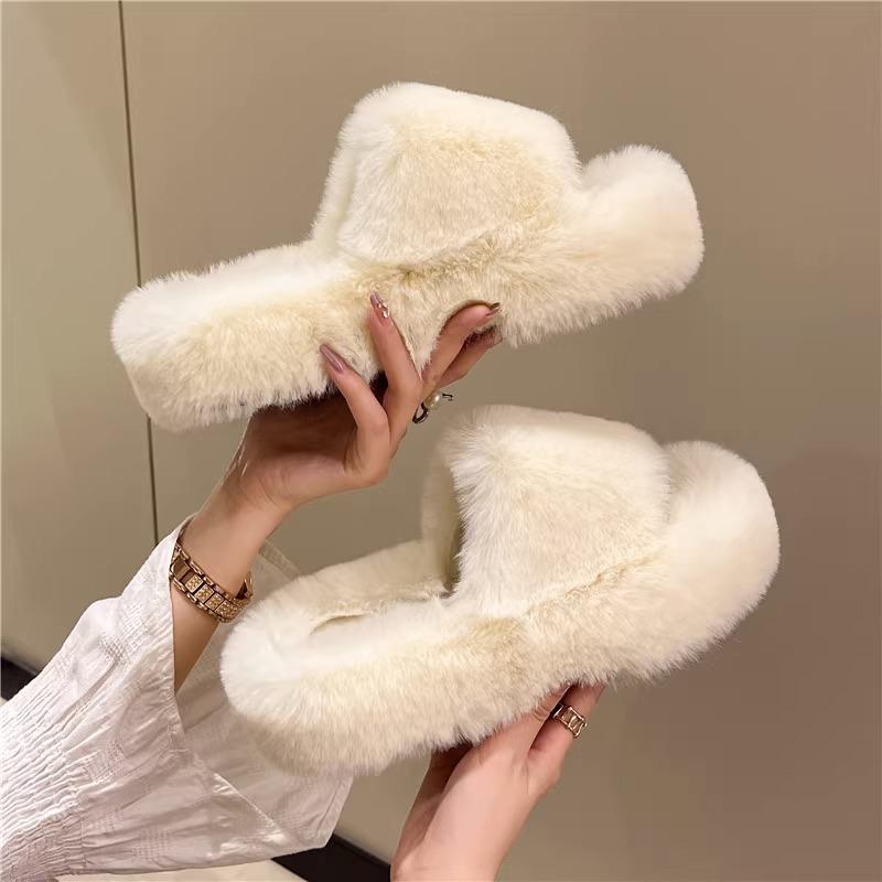 Height-increasing thick-soled fluffy slippers women's autumn and winter outer wear fluffy shoes one-word ins home home plush drag spring and summer