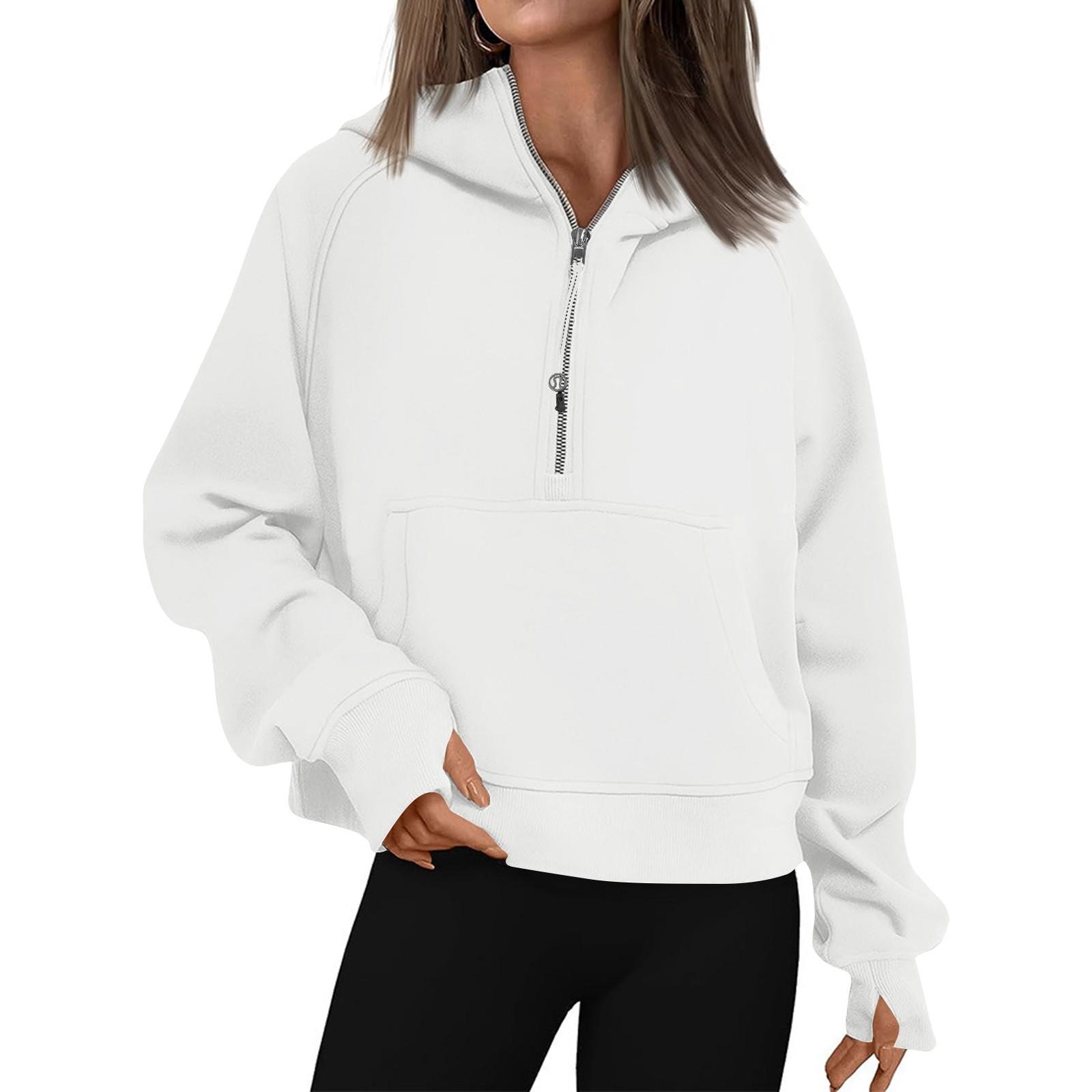 

Women’s Hoodies Solid Color Loose Short Half Zip Pockets Thumb Hole Long Sleeve Pullover Sweatshirts XL білий