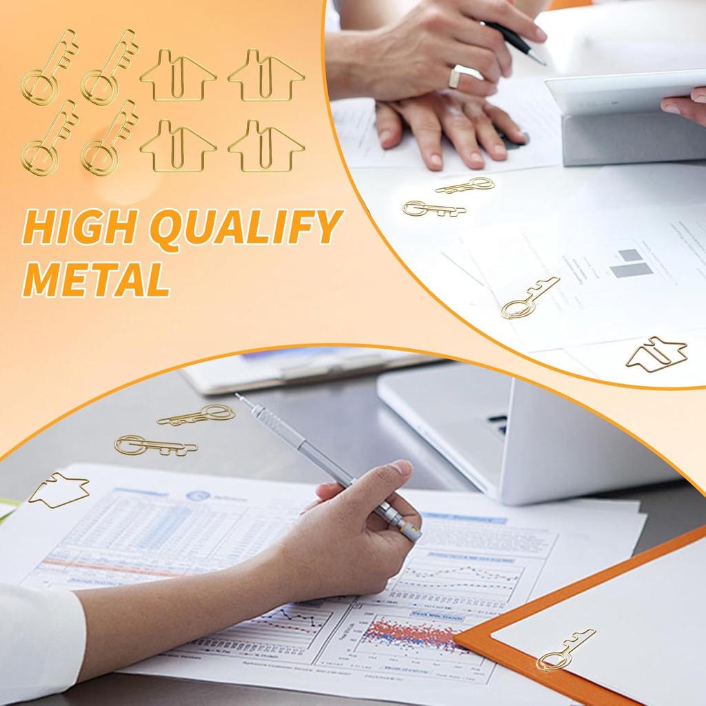 Hesena 120 Pcs Paper Clip Set, 60 Pcs House & 60 Pcs Key Shaped Paperclips for Office, Real Estate Agent,Realtors Gifts (Gold)