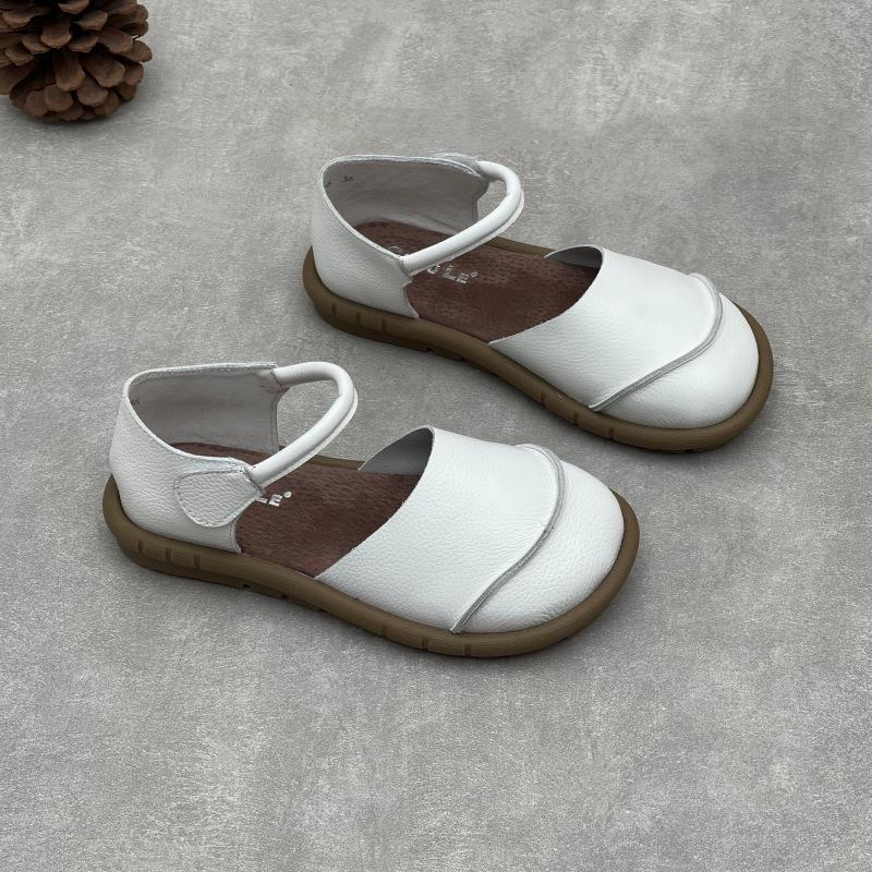 Johnature Sandálias rasteiras retrô artesanais de couro genuíno, casuais, versáteis, confortáveis, sola macia, sapatos femininos