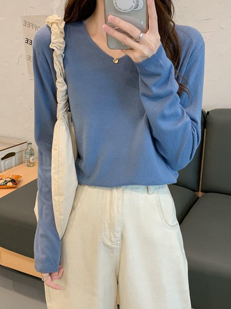 Women's Apricot V-Neck Knitted Sweater - Soft Long Sleeve Top for Spring/Autumn 2025