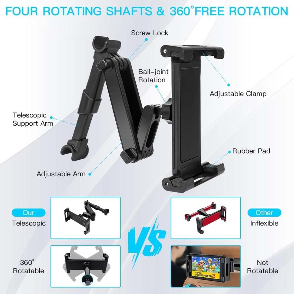 Car Headrest Tablet Mount,Car Back Seat iPad Holder with Foldable Extension Arm,360° Rotating Car Tablet Holder for Kids for iPad Pro, Air, Mini