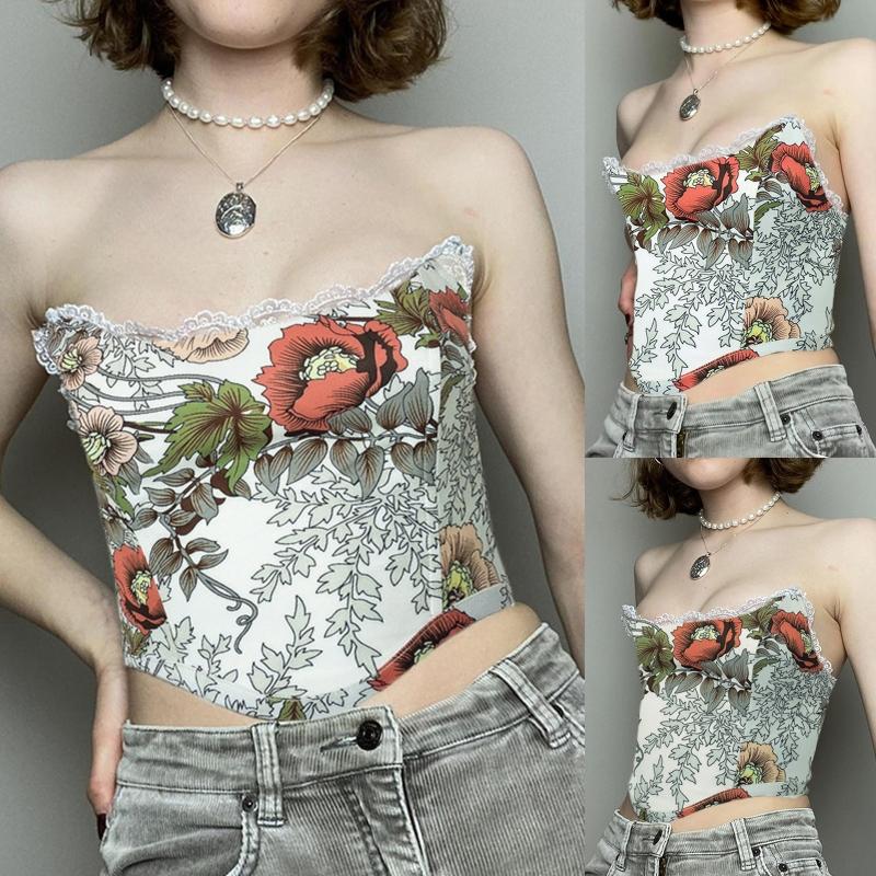 Sweet Floral Printing Backless Female Waist Corset Sleeveless Top Women Slimming Waistband Elasticity Corsets T-shirt
