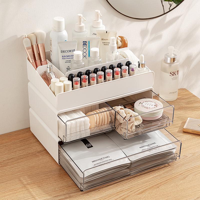 Transparent Desktop Cosmetics Organizer with Drawers for Lipsticks, Skincare, Makeup Brushes, and Masks