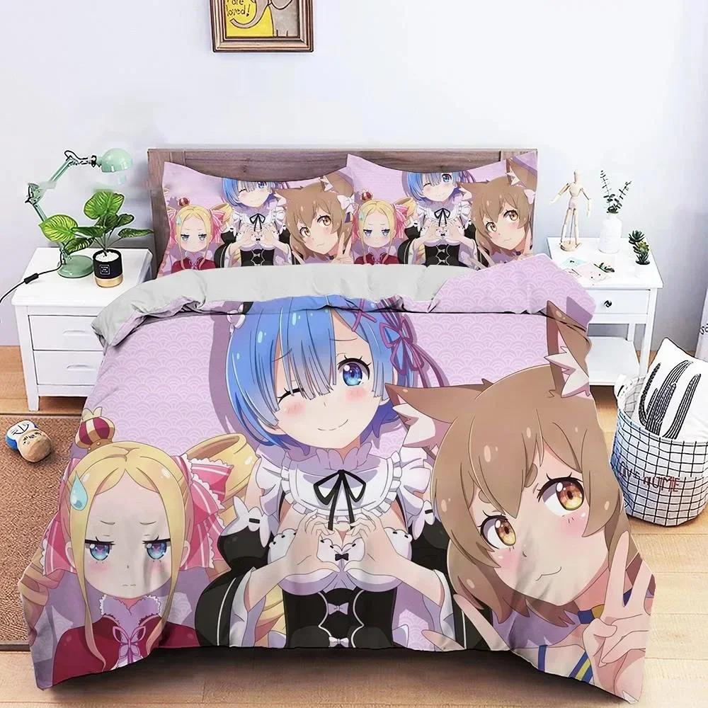 3D Anime Re Zero Rem Ram Printed Bed Set Duvet Cover Pillowcase Bedding Set Bed Linen Sheet Quilt Cover Full Queen King Size