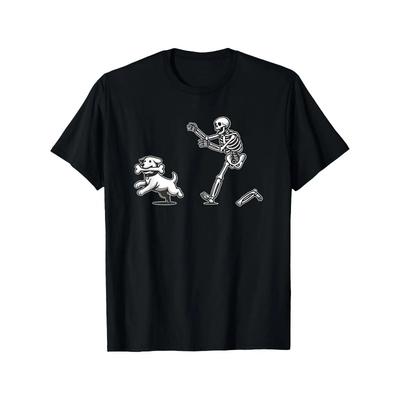 European Sizes Halloween Dog, Funny Skull, Skull Chasing Dog T-Shirt Black Casual Short Sleeve Men's Sports T-Shirt