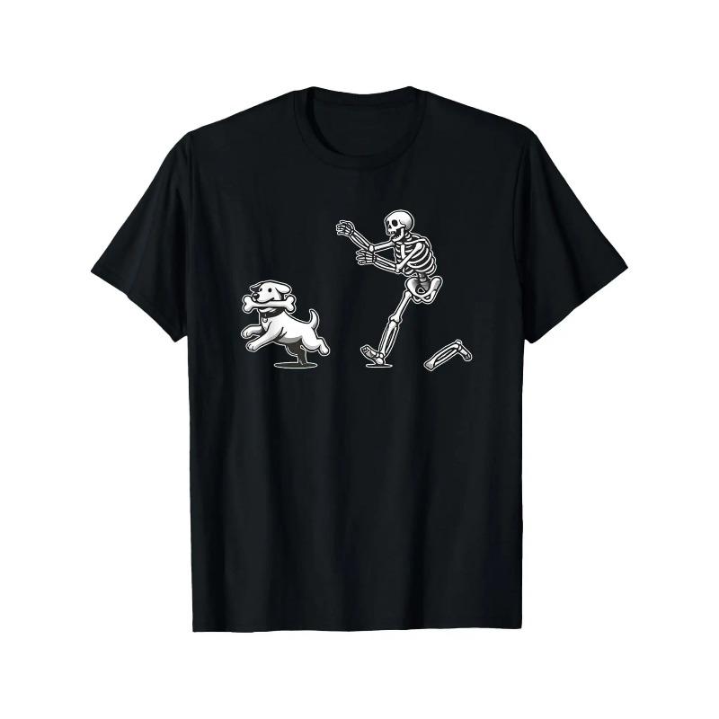 

European sizes Halloween Dog, Funny Skull, Skull Chasing Dog T-Shirt Black Casual Short Sleeve Men s Sports T-Shirt 4XL