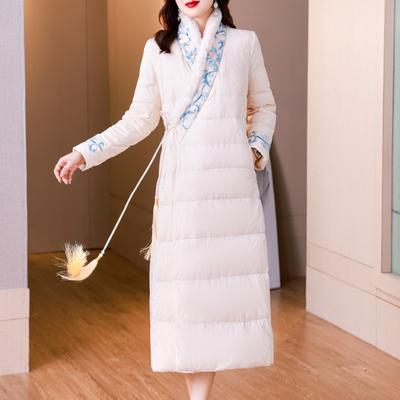 Chaqueta larga con capucha bordada con cuello levantado de estilo chino para mujer