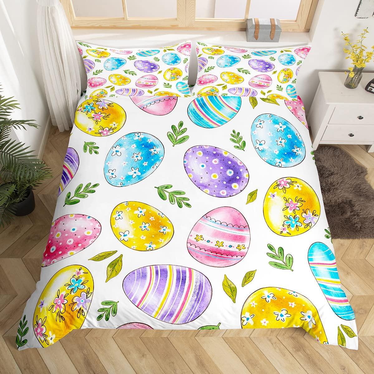 

Watercolor Easter Eggs King Queen Bedding Set Happy Easter Themed Duvet Cover Toddlers Rainbow Easter Egg Polyester Quilt Cover EU Single(135*200cm)3pcs