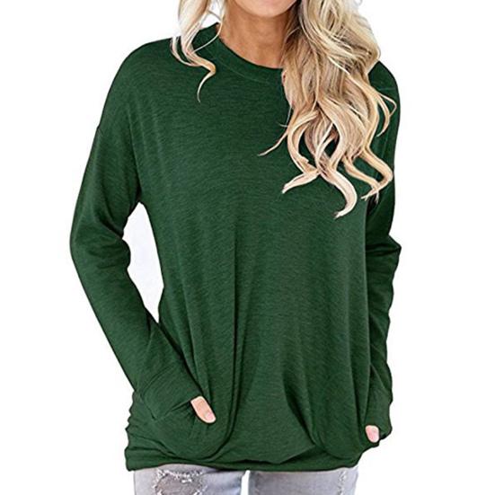 חולצת טי-שירט רפויה לנשים, צבע אחיד, שרוולים ארוכים, עם כיסים, טוניקה רפויה, סתיו