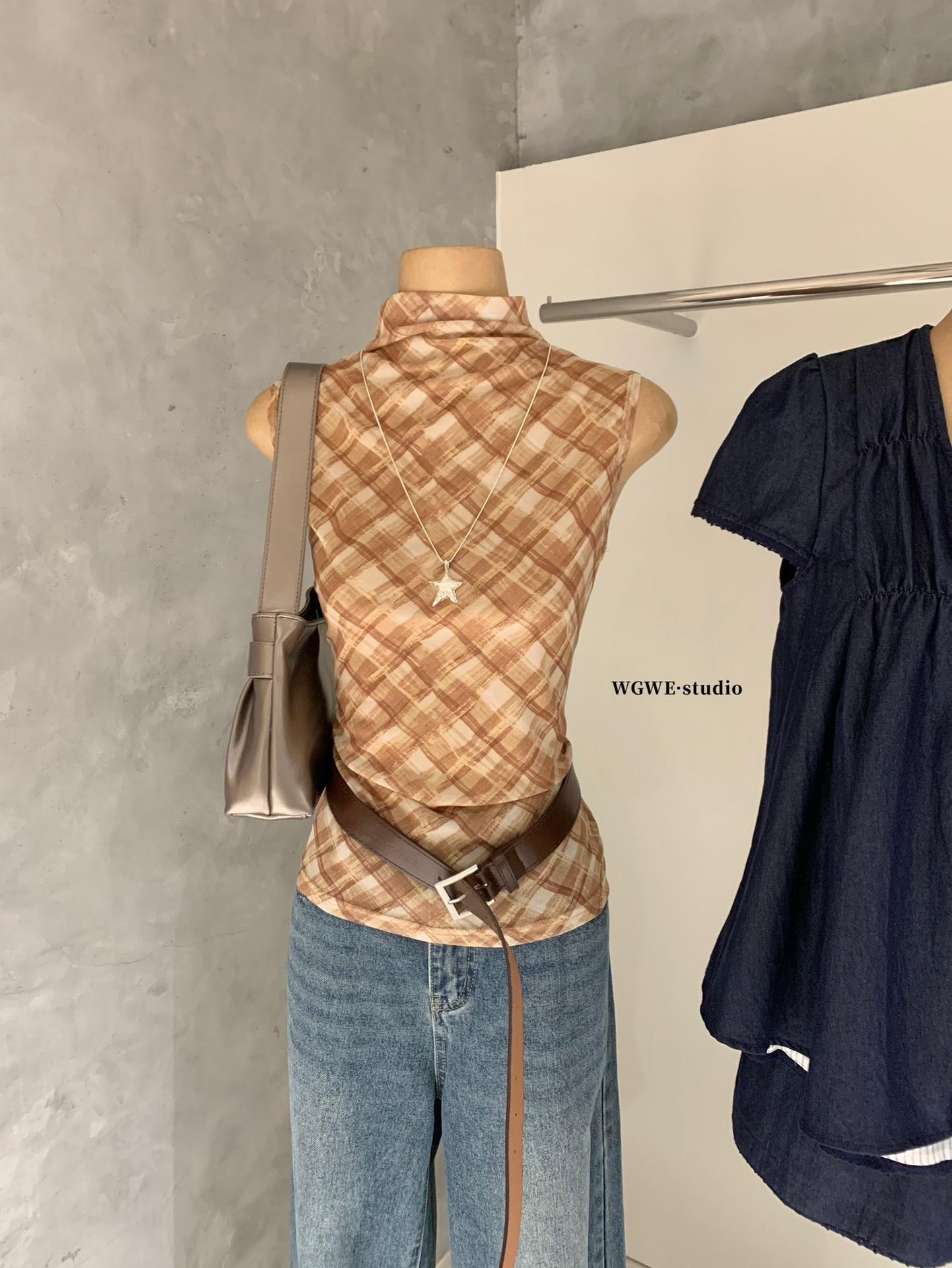 Thirteen Hong Women s Plaid Sleeveless Vest - Spring/Summer Slim-Fit Versatile Top S оранжевый