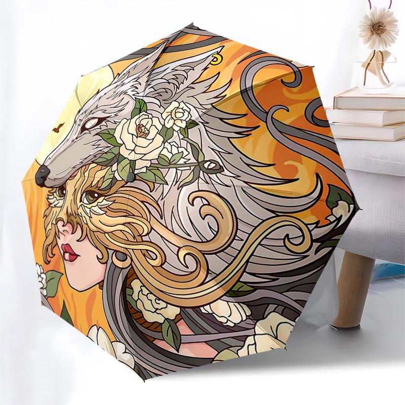

1pc Art Nouveau Wolf Head with Flowers - Auto Open Close Umbrella, Portable 3-Fold Design, 8-Bone Iron Frame Outdoor Umbrella, Festival Gift for Fans,