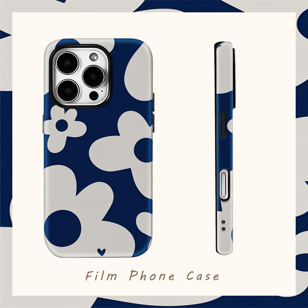 Navy Flower Phone Case for IPhone 17AIR 16E 16 15 14 13 12 11 17 Pro Max Plus Double-layer Back Cover