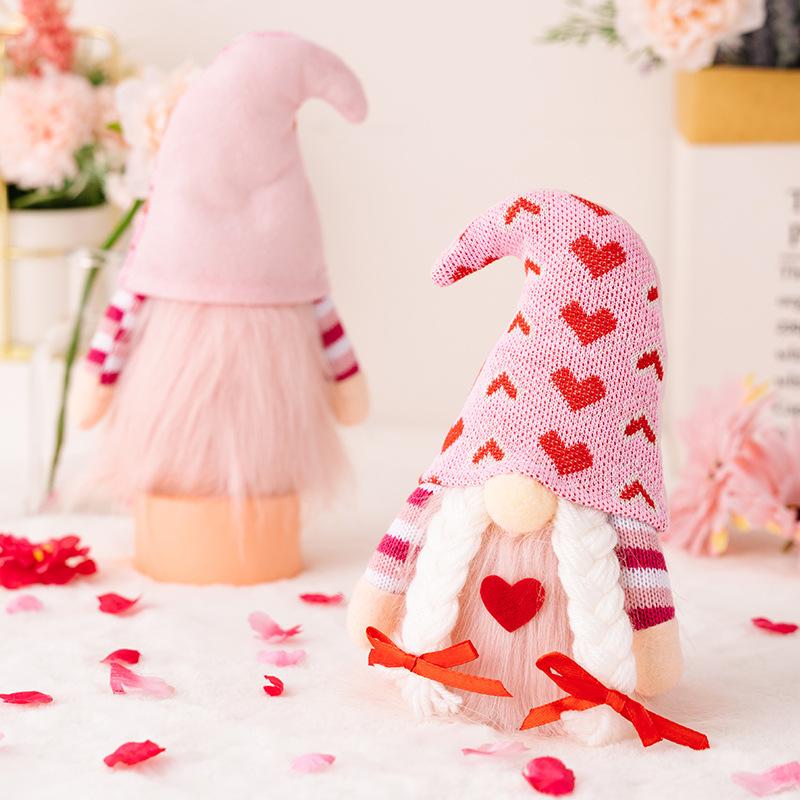 Pink Heart Plush Doll 22cm Valentine's Day Decoration Couple Figurine Gift with Red Bow Soft Stuffed Toy for Romantic Home Decor