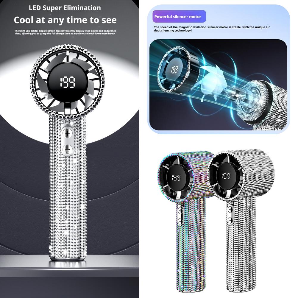 Full Diamond Luxury Craftsmanship Portable Handheld Turbo Fan 3 Gear Wind Long Battery Life With Digital Display