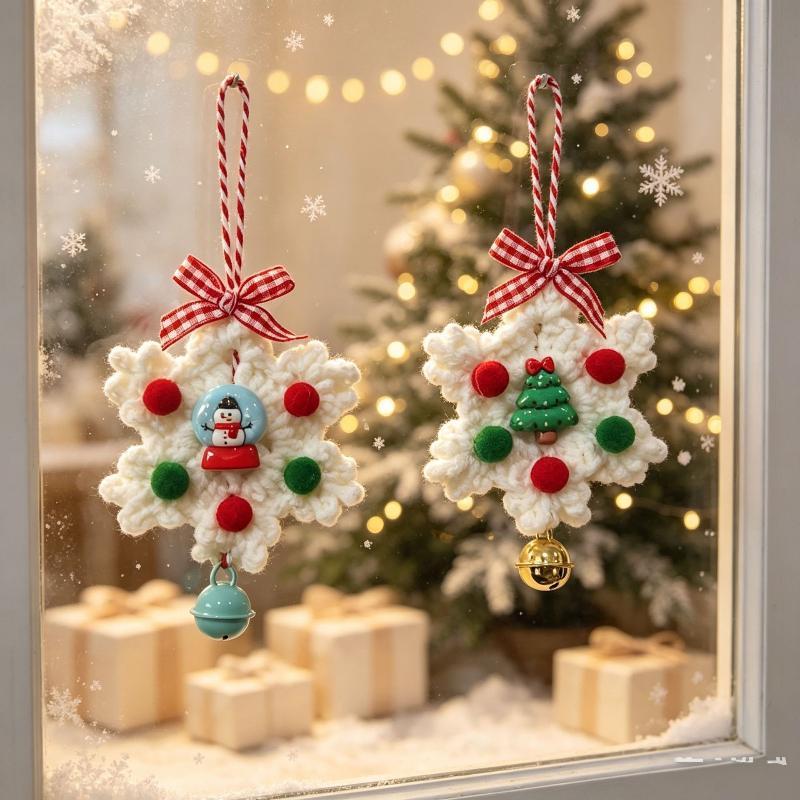 5Pcs Hand Knitted Christmas Snowflake Ornament Wool Yarn Snowflake Pendant Xmas Tree Window Bell Hanging Decor Diy Accesorios