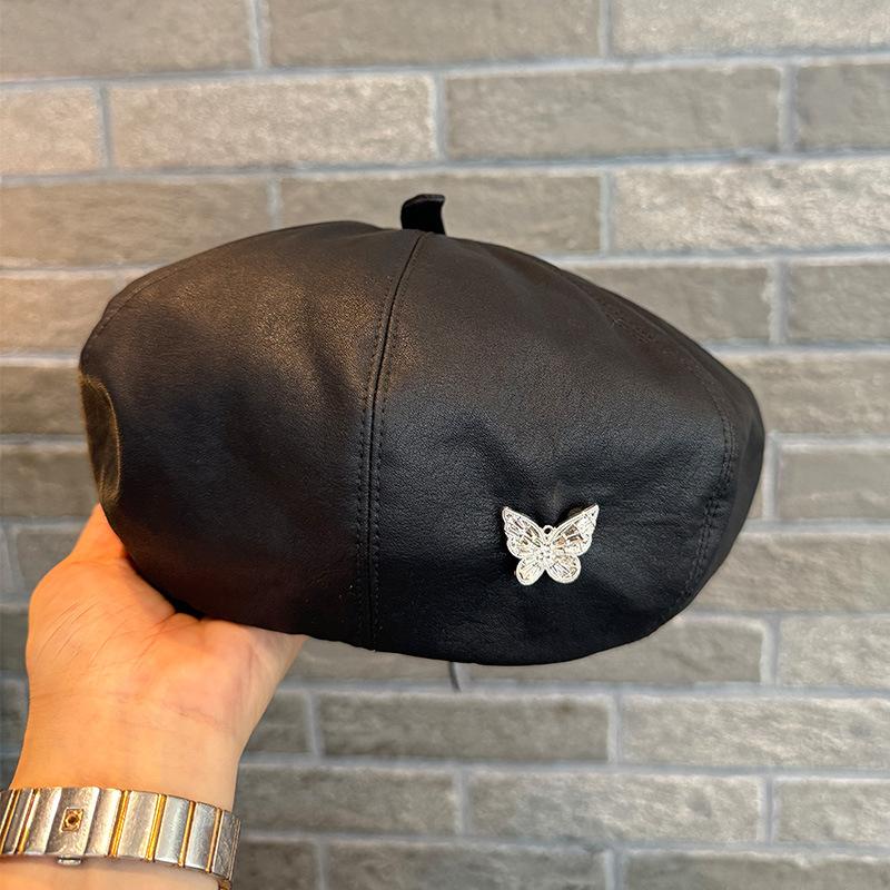 Chic Faux Leather Beret for Women - Waterproof, Non-Stretch, Fashionable British Retro Style Octagonal Cap