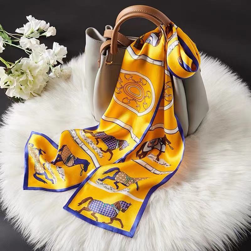 Luxury Silk Long Scarf Women Bag Handle Ribbon Ladies Plaid Print Headband Small Hair Scarves Band Female Handkerchief