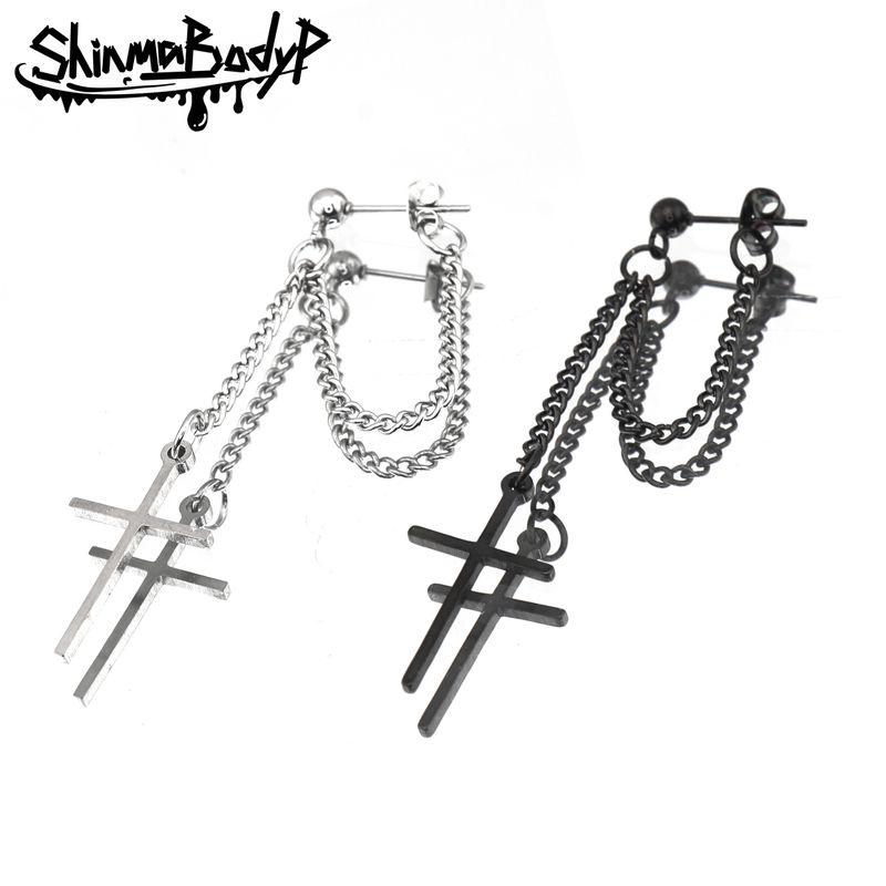 

Shinma Titanium Steel Silver Black Cross Pendant Chain Yabi Gothic Dark European and American Style Earrings Ear Studs Ear Cartilage Studs Black One