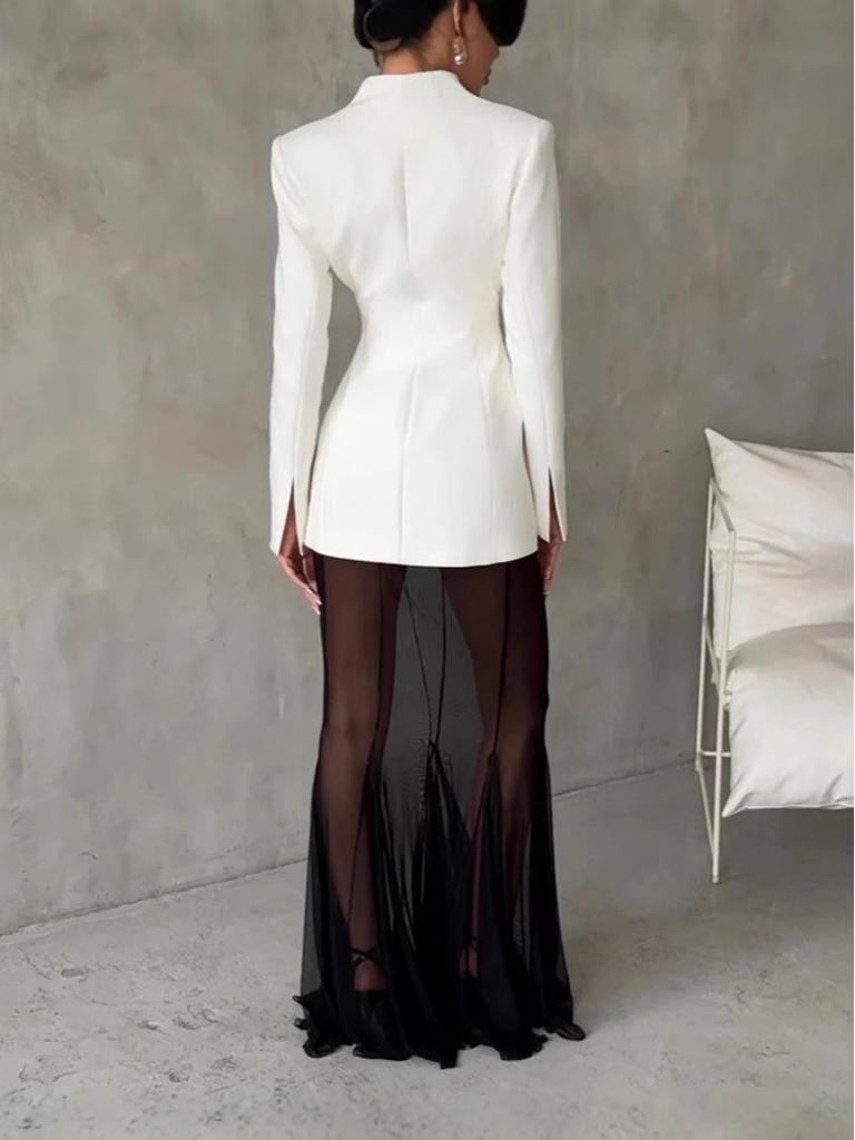 2025 Damenmode einfarbiger Netzrock und Anzug mit langem Ärmel und Revers