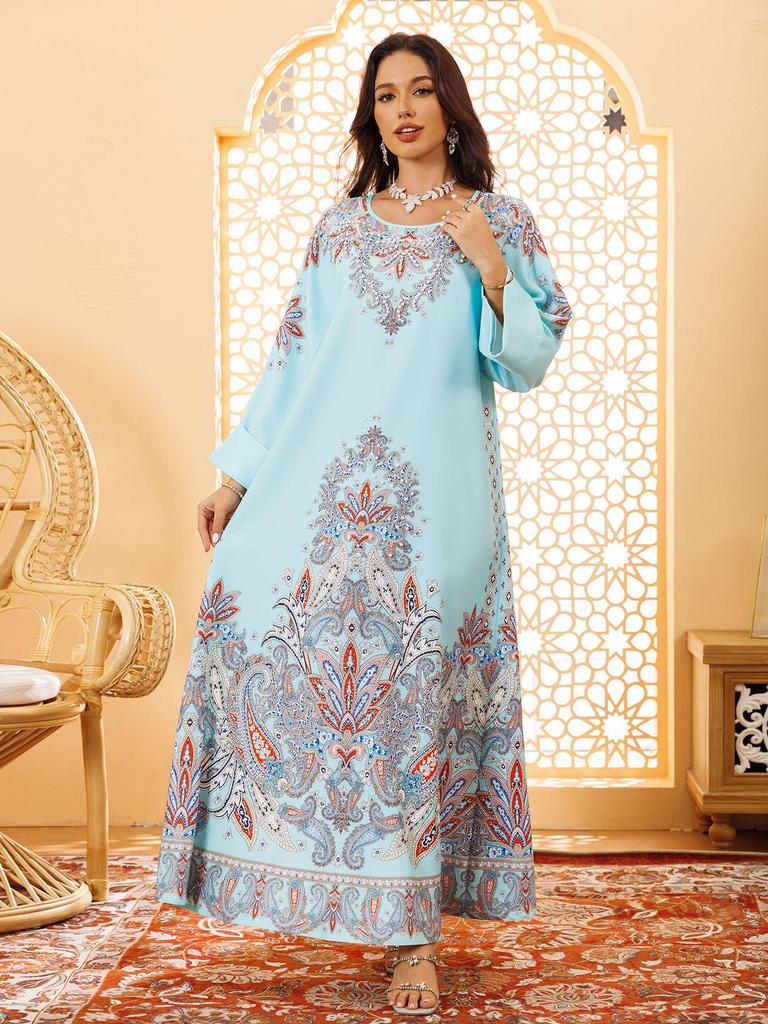 AB400 Muslim Fashion Floral Dress with Hot Drill Embellishments - Middle Eastern Style Robe for Women