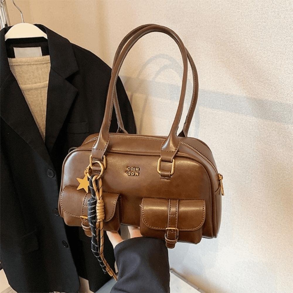 Solid Color Bowling Bag PU Leather Hobo Bag Portable Leather Shoulder Bag  Children