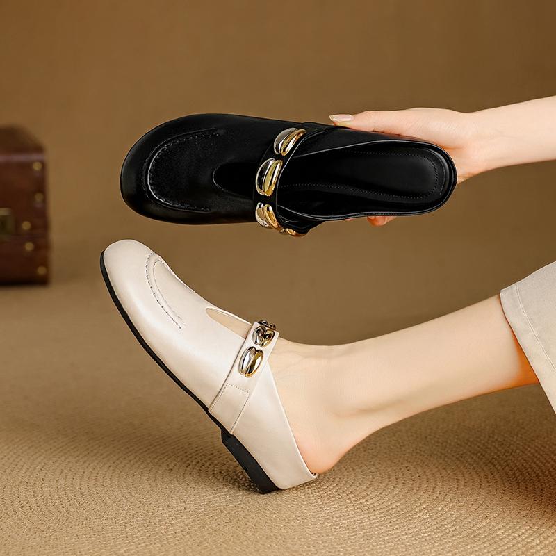 Fashion Women's New Summer Leather with Increased Height Metal Belt Buckle, Middle Heel and Toe Cover, M Ü Ller Slippers