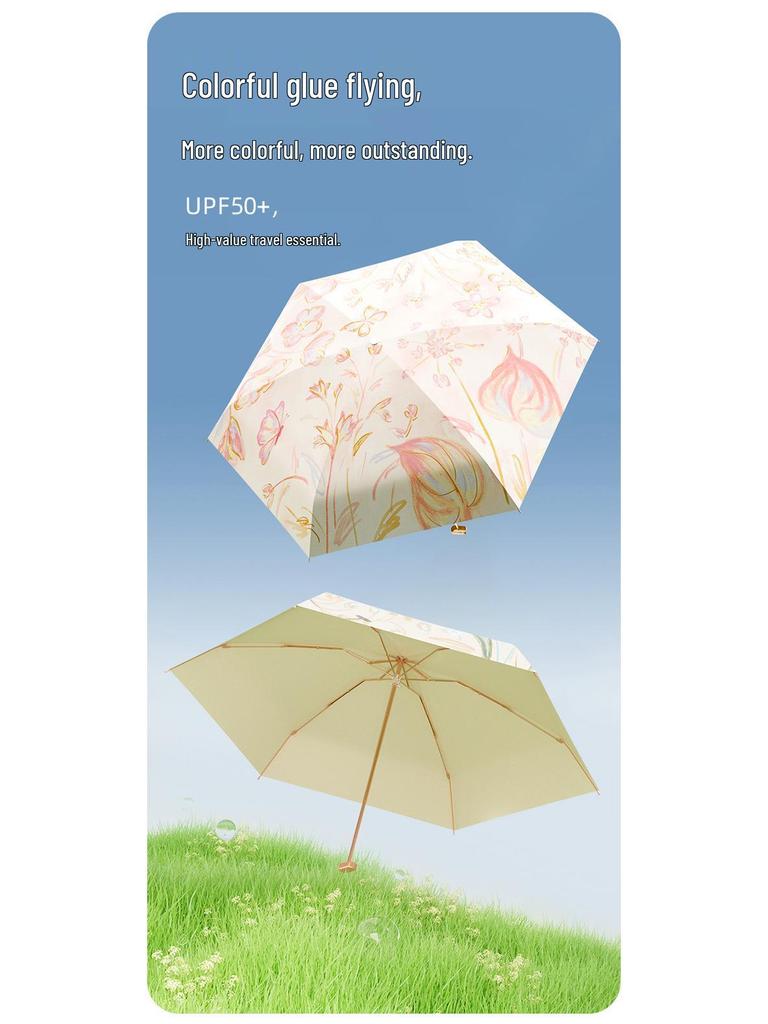 Compact Women's Mini Folding Sun and Rain Umbrella - UV Protection, Dual-Use with Color Glue.