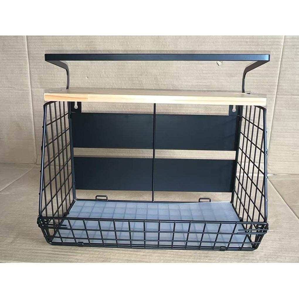 Iron Basket With Hooks For Kitchen Organization Heavy Duty Wall Basket With Wood Lid Kitchen Storage