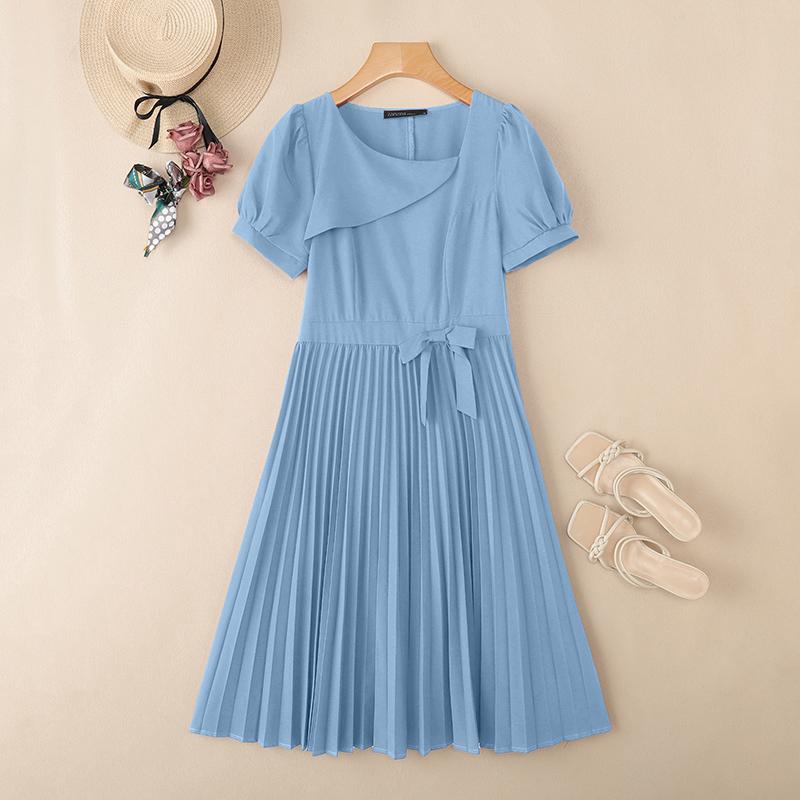 ZANZEA Women Casual Square Collar Summer Short Sleeve Pleated Dress