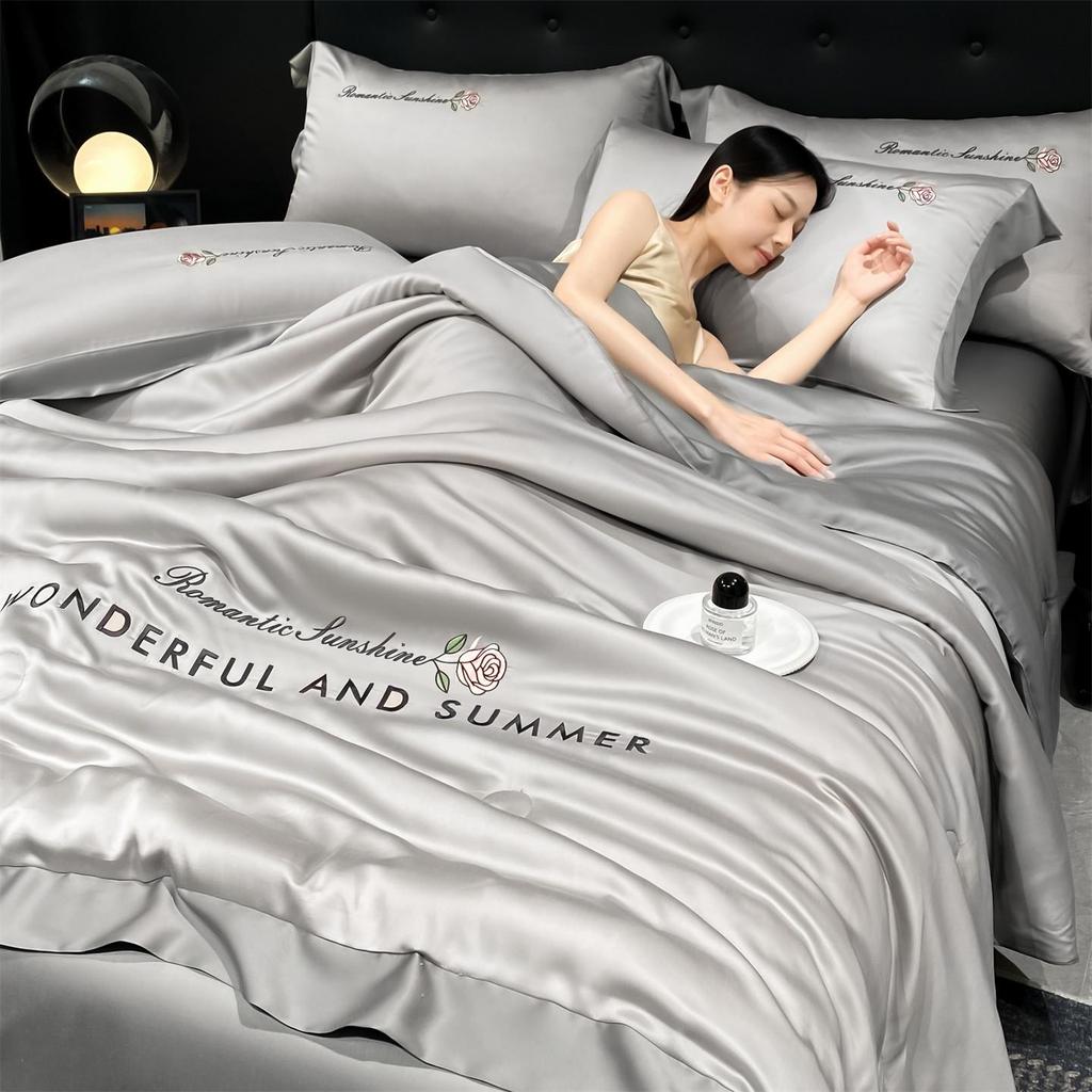 Luxury Washable Ice Silk Summer Quilt Set - Cool, Embroidered, Lightweight Four-Piece Bedding for Air Conditioning