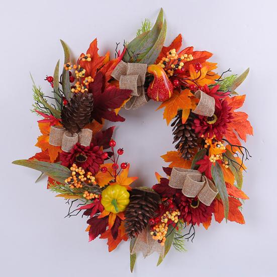 Artificial Fall Wreath 18 Inch Autumn Front Door Wreath with Sunflower Pumpkin Berries Pine Cones for Wall Window Thanksgiving Harvest Decor