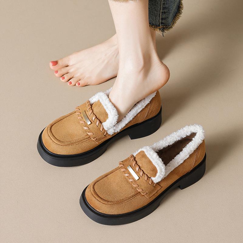 Winter Shoes Women Loafers Warm Plush Non-slip Fashion Brand Ladies Fur Shoes Square Heels 4cm Yellow Big Size 42 DX762