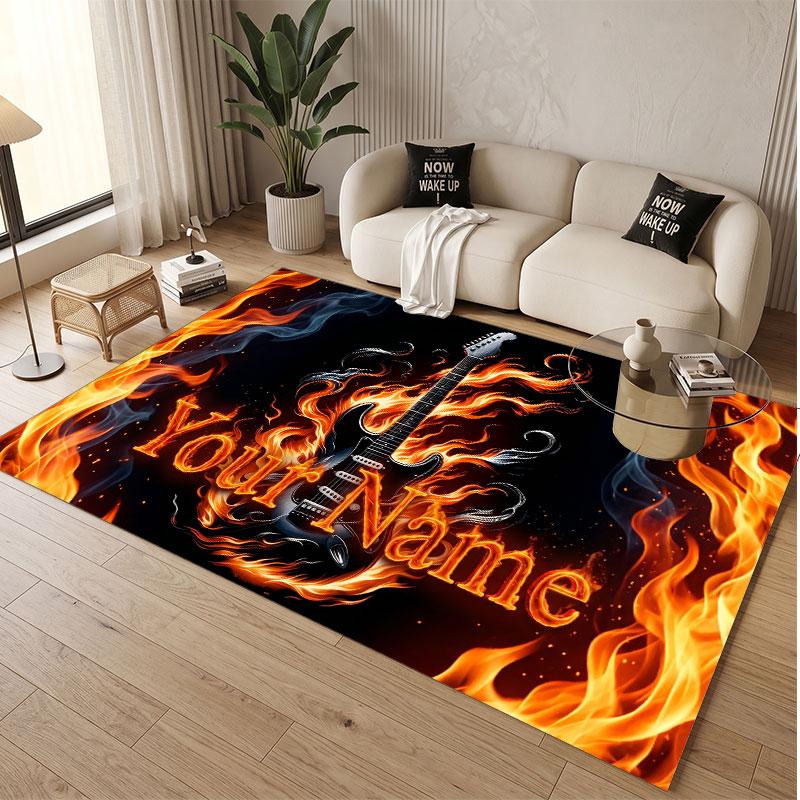 Music Guitar Theme Soft Crystal Velvet Rug Custom Name & Text Print Non Slip Floor Rug for Bedroom Living Room
