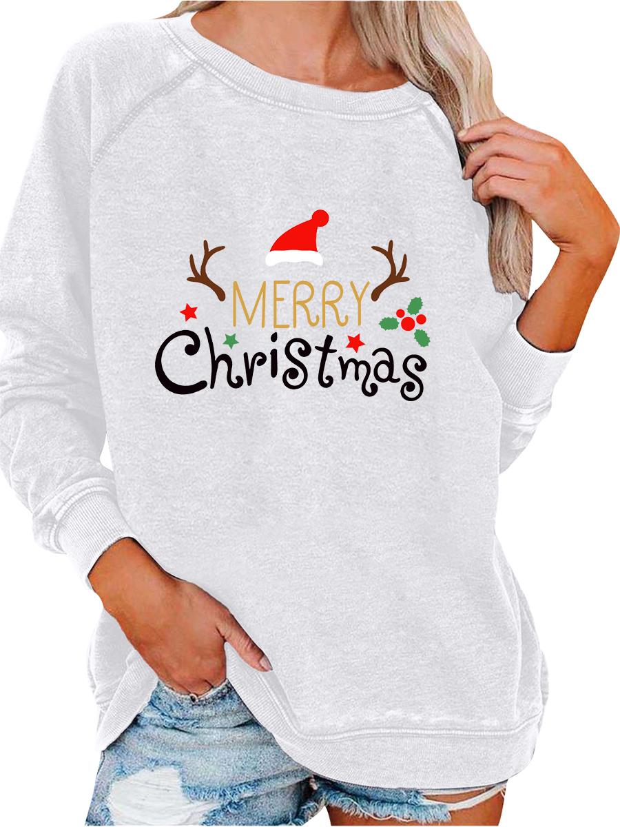 

Female Oversized Sweatshirt Spring/Fall Fashion Christmas Print Top Women s Pullover Sweatshirt S белый