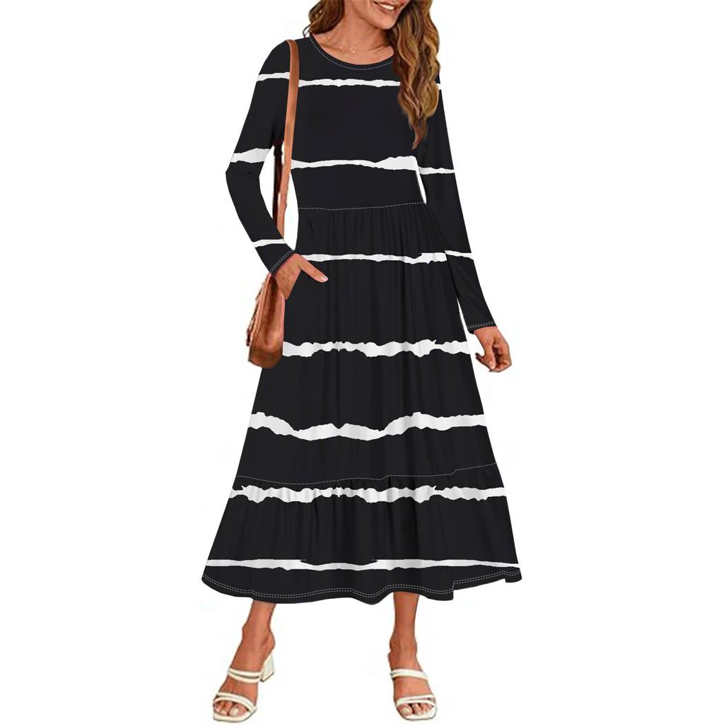 Women's  Printed Casual Dress Spring Autumn Pocket Round Neck Long Sleeve Dresses
