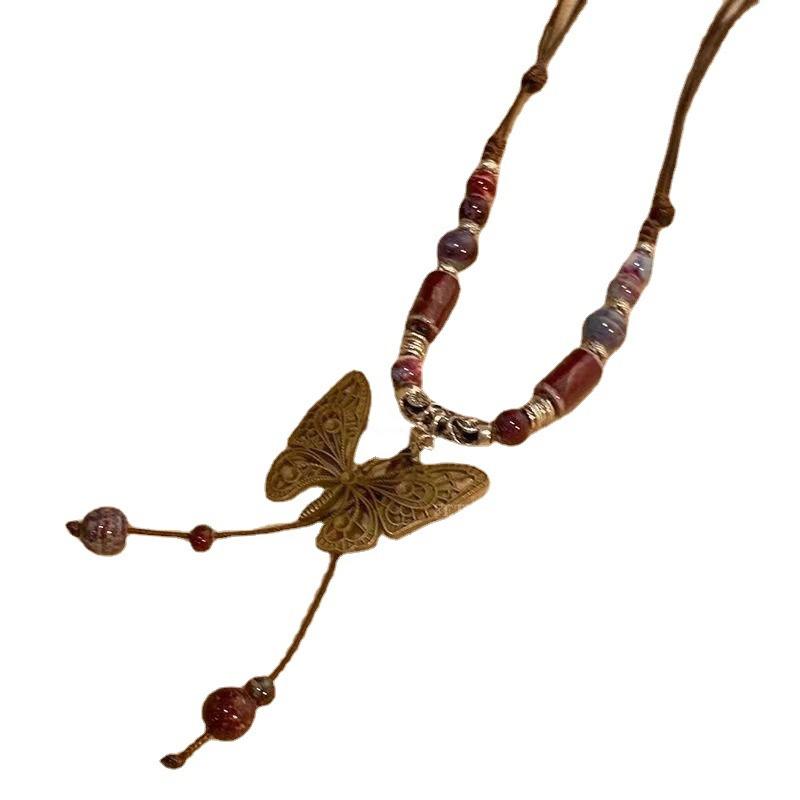 Vintage Butterfly Beads Woven Chain Pendant Necklace For Women Charm Aesthetics Elegant Clavicle Chain Chinese Ethnic Jewelry