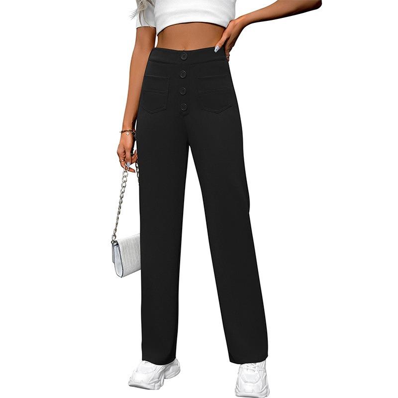 Women Casual High Waist Button Pocket Loose Straight Long Pants