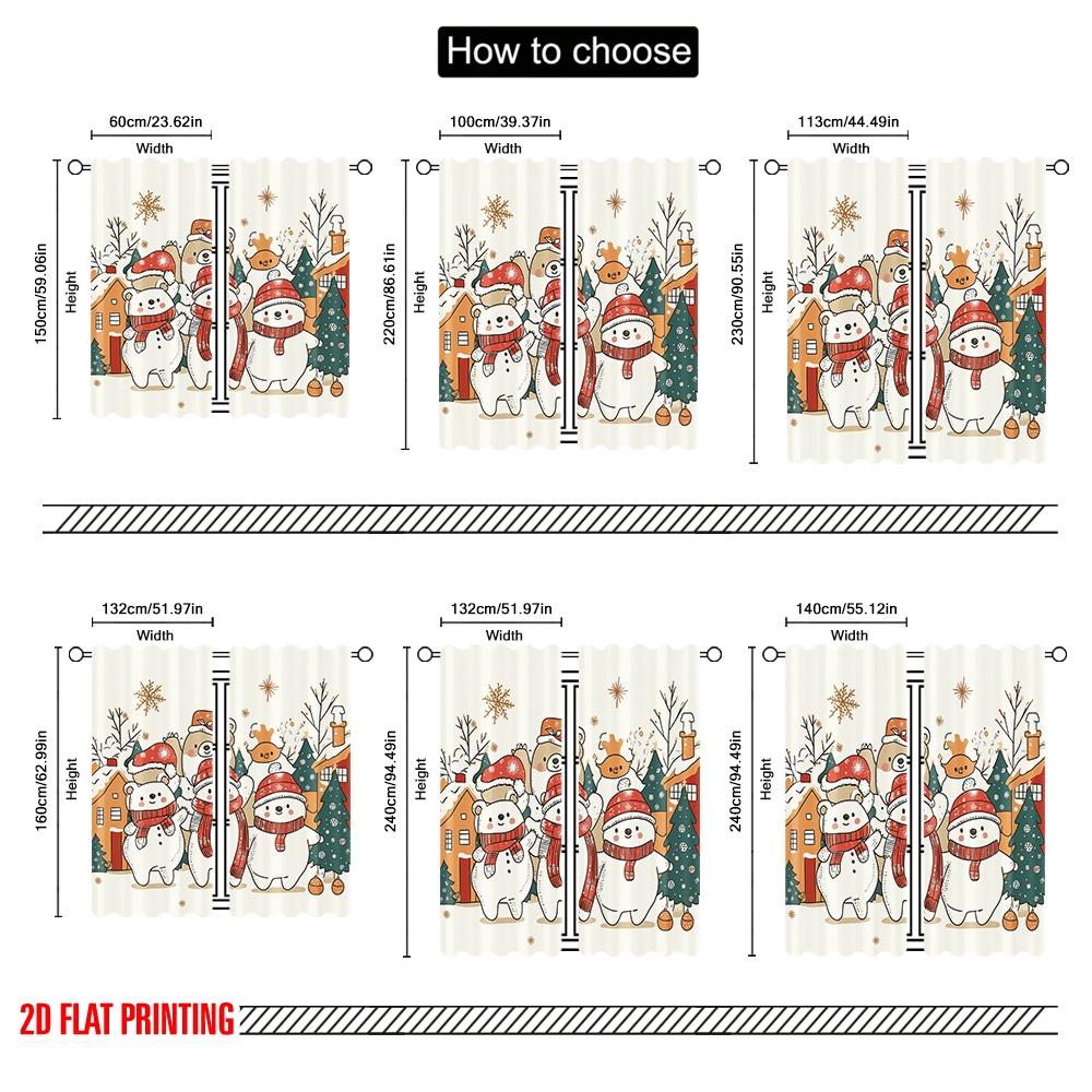 2pcs,2D plane printing Window Curtain Christmas bears snowmen cute (2) Durable 100% Polyester Fabric (without rod) Outdoor