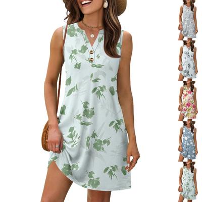 Ladies Fashion Vintage Floral Print V-neck Button-down Pocket Sundress Beach Resort Summer Dress