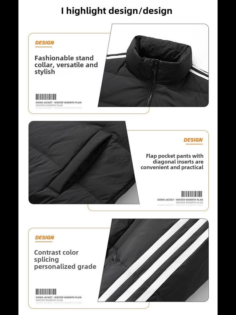 2023 Men's Slim Fit Stand-Up Collar Three-Bar White Duck Down Jacket for Couples