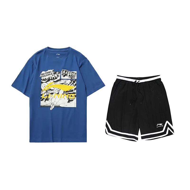 

Футболка с коротким рукавом с принтом большого логотипа Li Ning, повседневный спортивный комплект, унисекс, топы, синий, черный AHSUA01-1+YAPV001-1 M