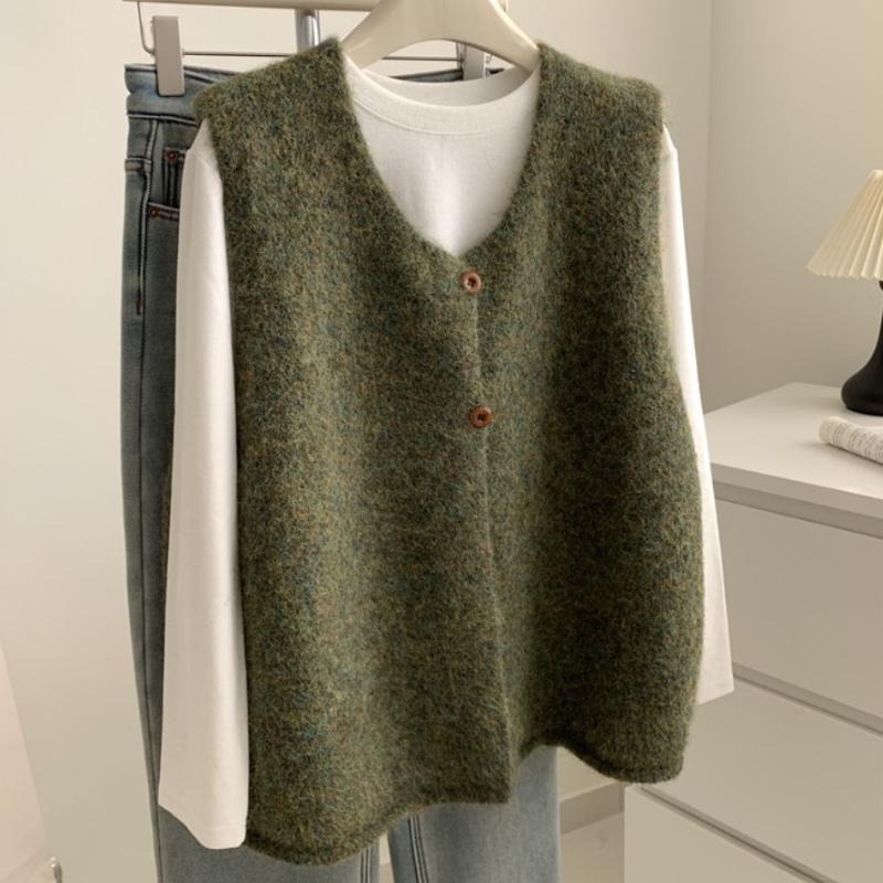 Literary Vintage Lazy Style Two Button Knitted Vest Women's Spring Autumn Sleeveless Split Sweater Gilet