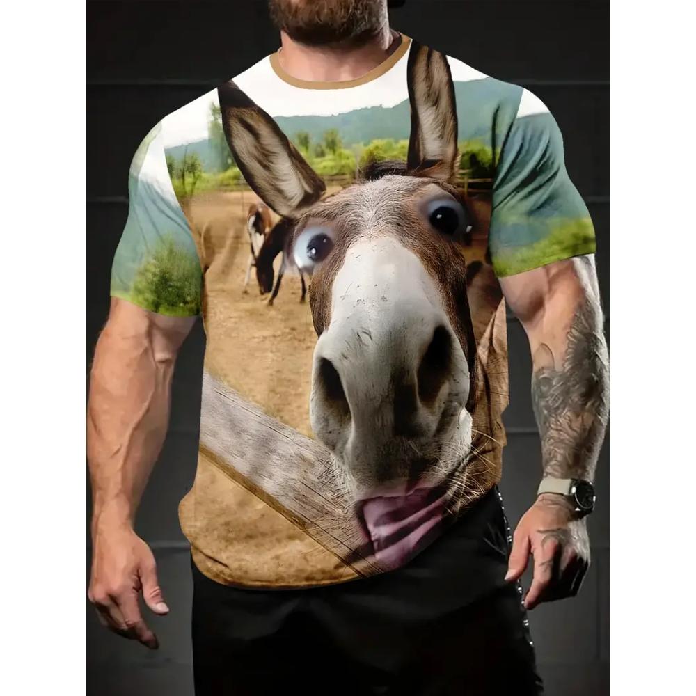 Men's Fun Cartoon Donkey Print Short Sleeve Cute Round Neck T-Shirt, Lightweight Quick-Dry Spring and Summer Travel Beach Top