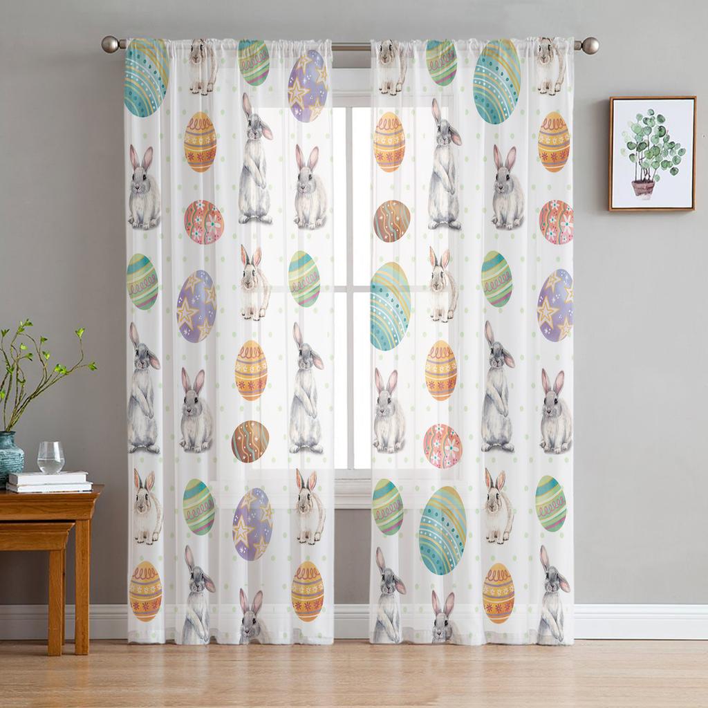 Easter Bunny Eggs Dots White Tulle Curtains For Living Room Bedroom Voile Sheer Curtain Window Home Decor Drapes