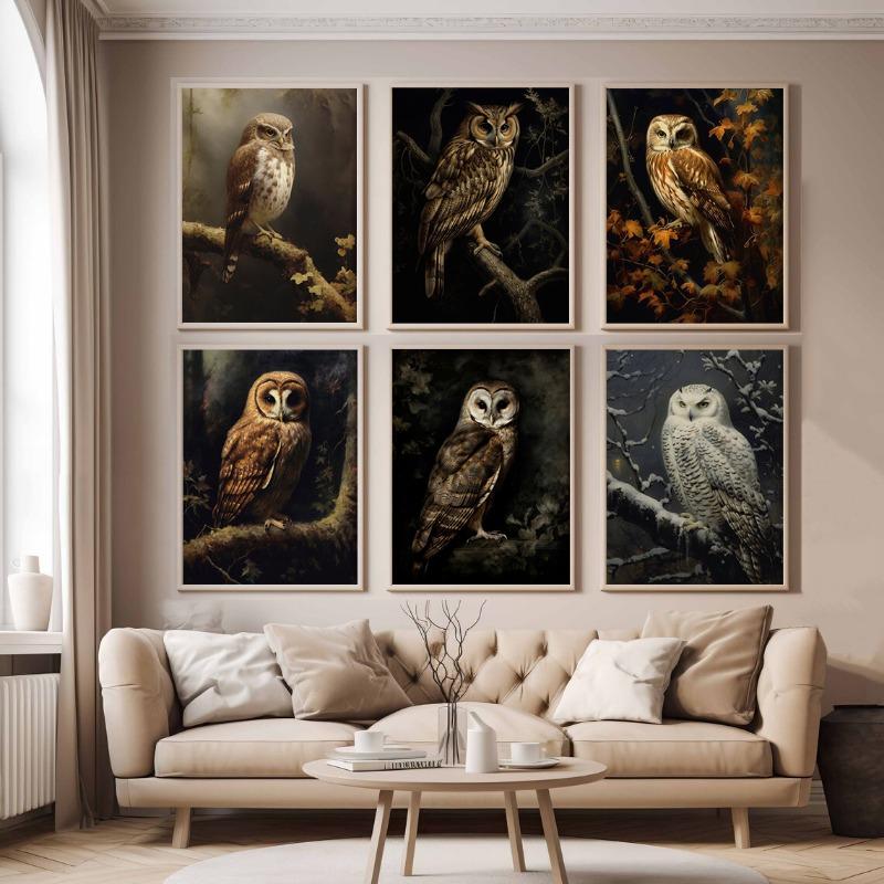 Owls Vintage Poster Canvas Painting Dark Retro Bird Owl Print Wall Art Pictures Moody Farmhouse Gallery Room Wall Decoration