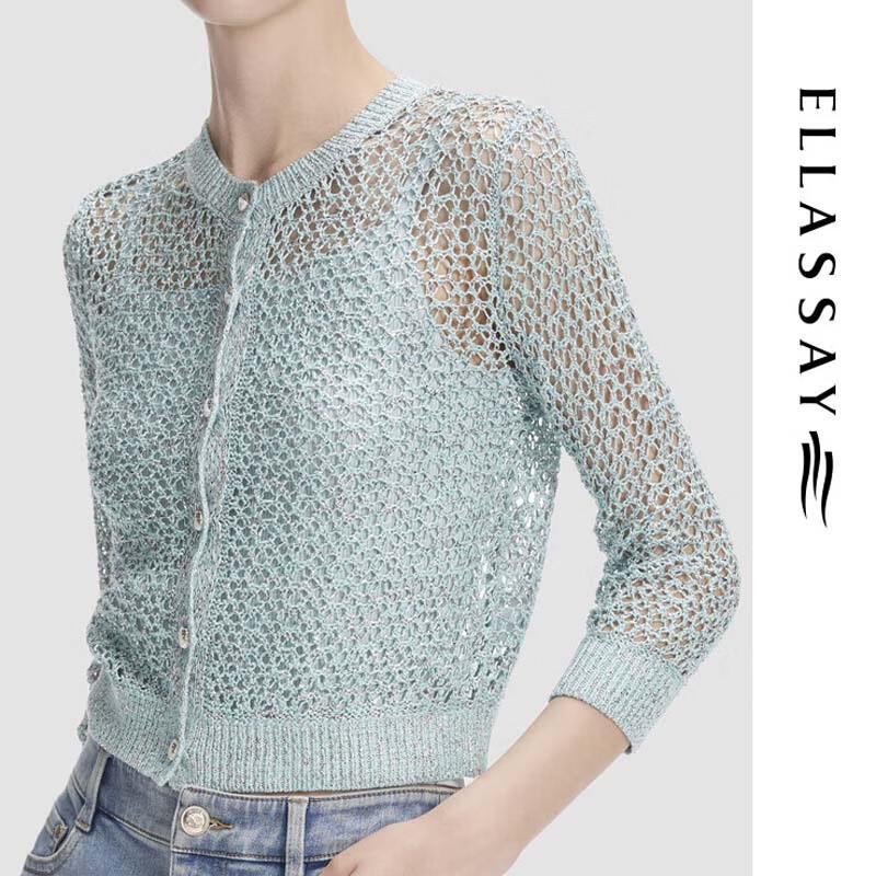 ELLASSAY Women's Woven Round Neck Knit Cardigan