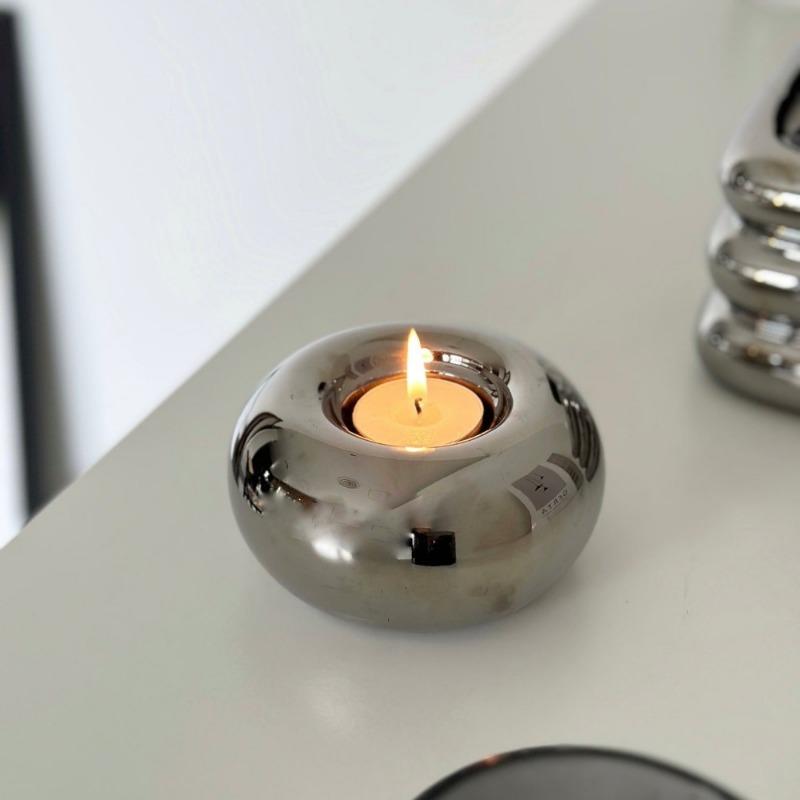 Modern Ceramic Silvery Candle Holder Ornament Round Candle Holder ins Style Desktop Home Decoration