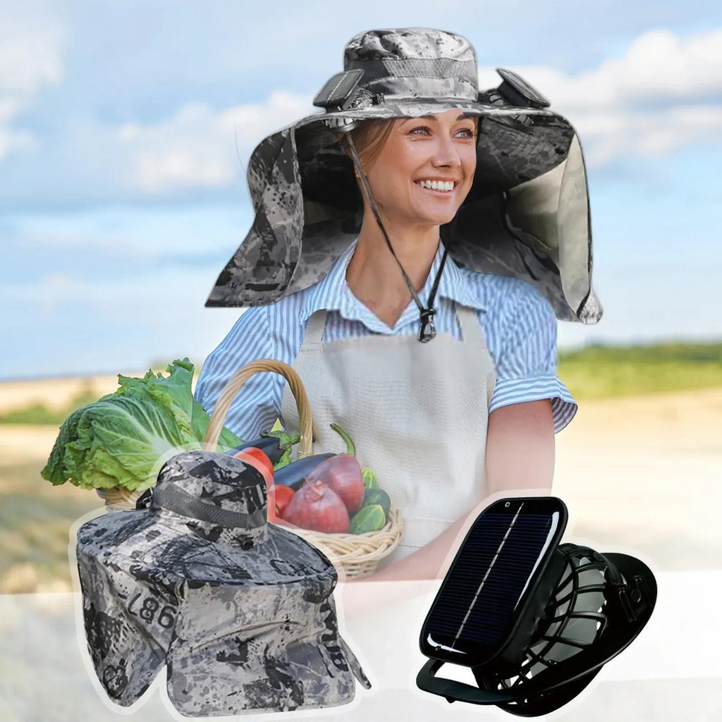 Wide Brim Solar Fan Outdoor Fishing Hat Adjustable Sun Protection Lightweight Breathable Fabric for Hiking Camping Travel